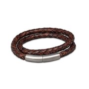 As Armband dubbel smal gevlochten leder donkerbruin zilver 925