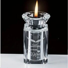 Glazen urn met waxinelichthouder en fotolijstje