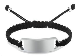 As armband gevlochten zwart met rvs plaat